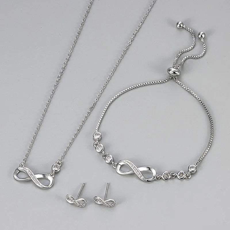 Silver Color Infinity 8 Word Zircon Jewelry Sets for Women Necklace Bracelet Earrings Matching Statement Jewelry Gifts 250609