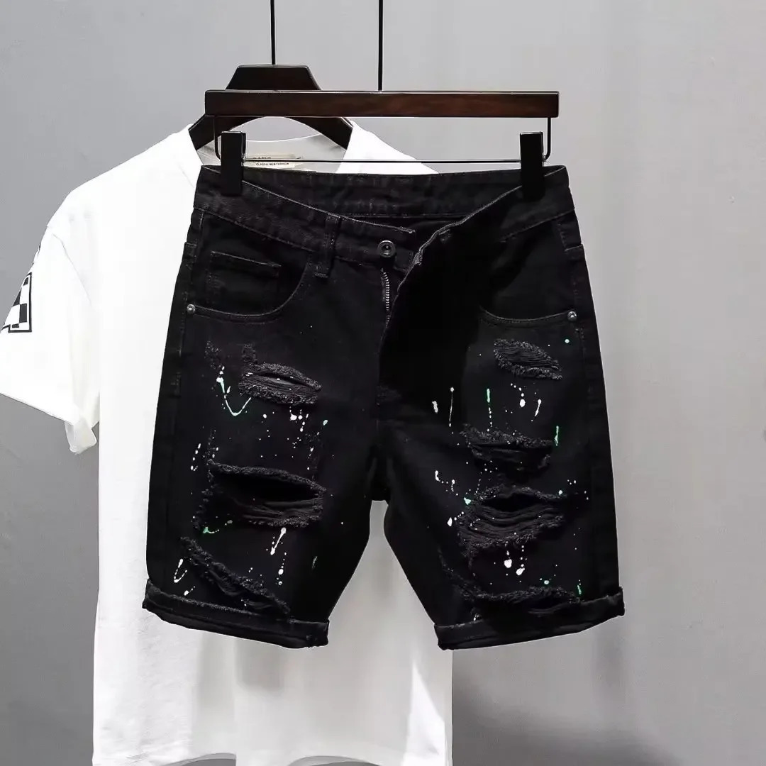 Trendy Mens Unique Hip Hop Black Denim Shorts Loose Fit Summer Style High Quality Cotton Pants With Distressed Details 250614