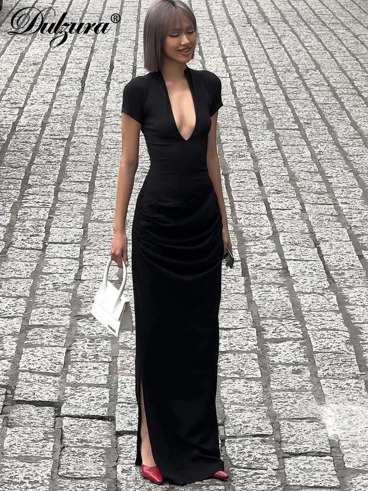 Dulzura Womens Ruched Deep V-Neck Maxi Dress - Body-Shaping Summer Autumn Clubwear C260311