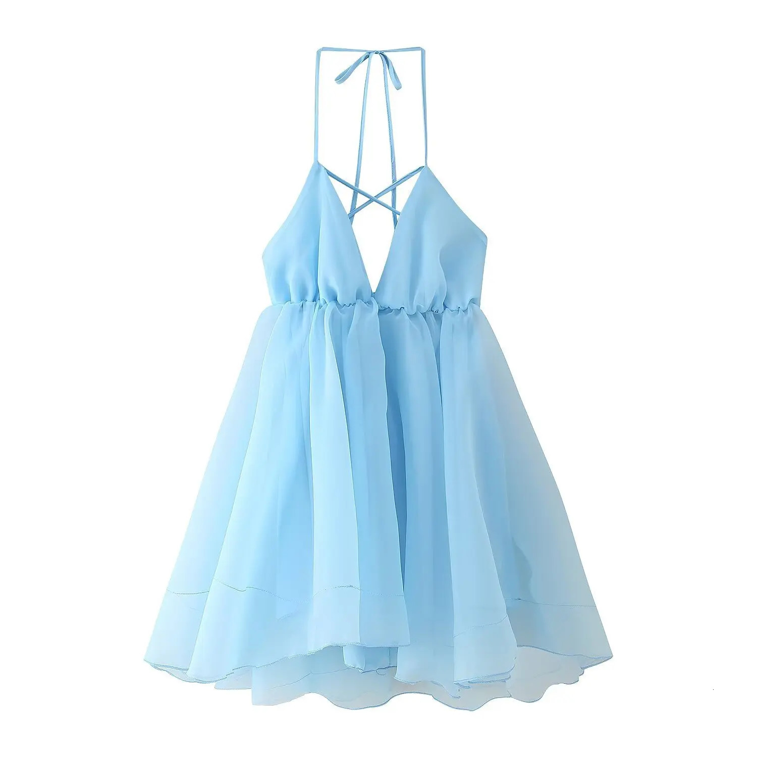 VEITCHE Summer Sexy Backless Women Dress Laceup Loose Pleated Hem Mini Sleeveless High Waist Vacation Party Dress 250611