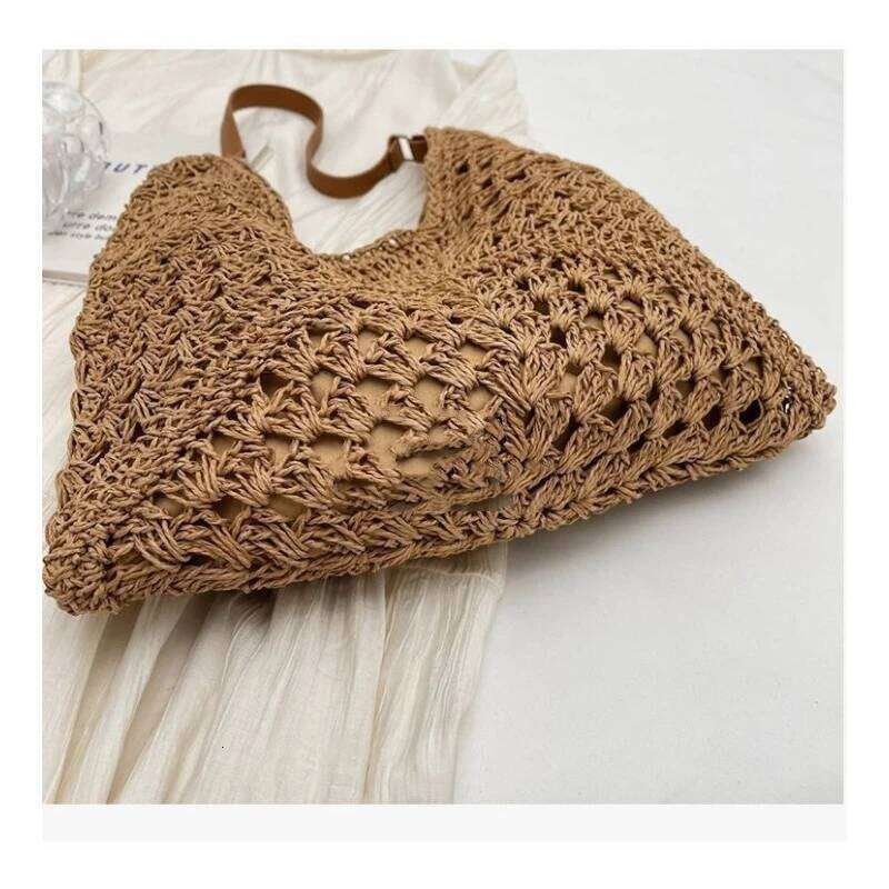Summer Straw Hollow Out Hobo Large Vacation Bag Solid Color Holiday Travel Handbag Boho Shoulder Purse For Women