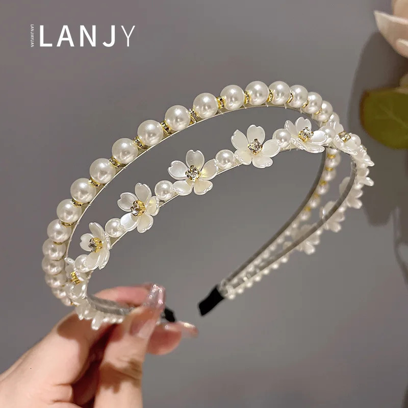 Korean network infrared departure hair accessories headband for women feminine hair bands pressed double-layer pearl flower band 250610