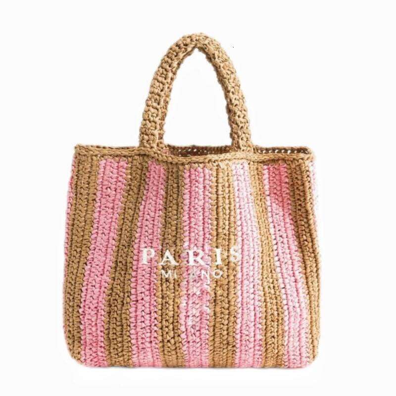 Women Fashion Striped Summer Beach Straw Knitting Shoulder Bag Hollow Out Handwoven Handbags Portable Large Capacity Casual Tote