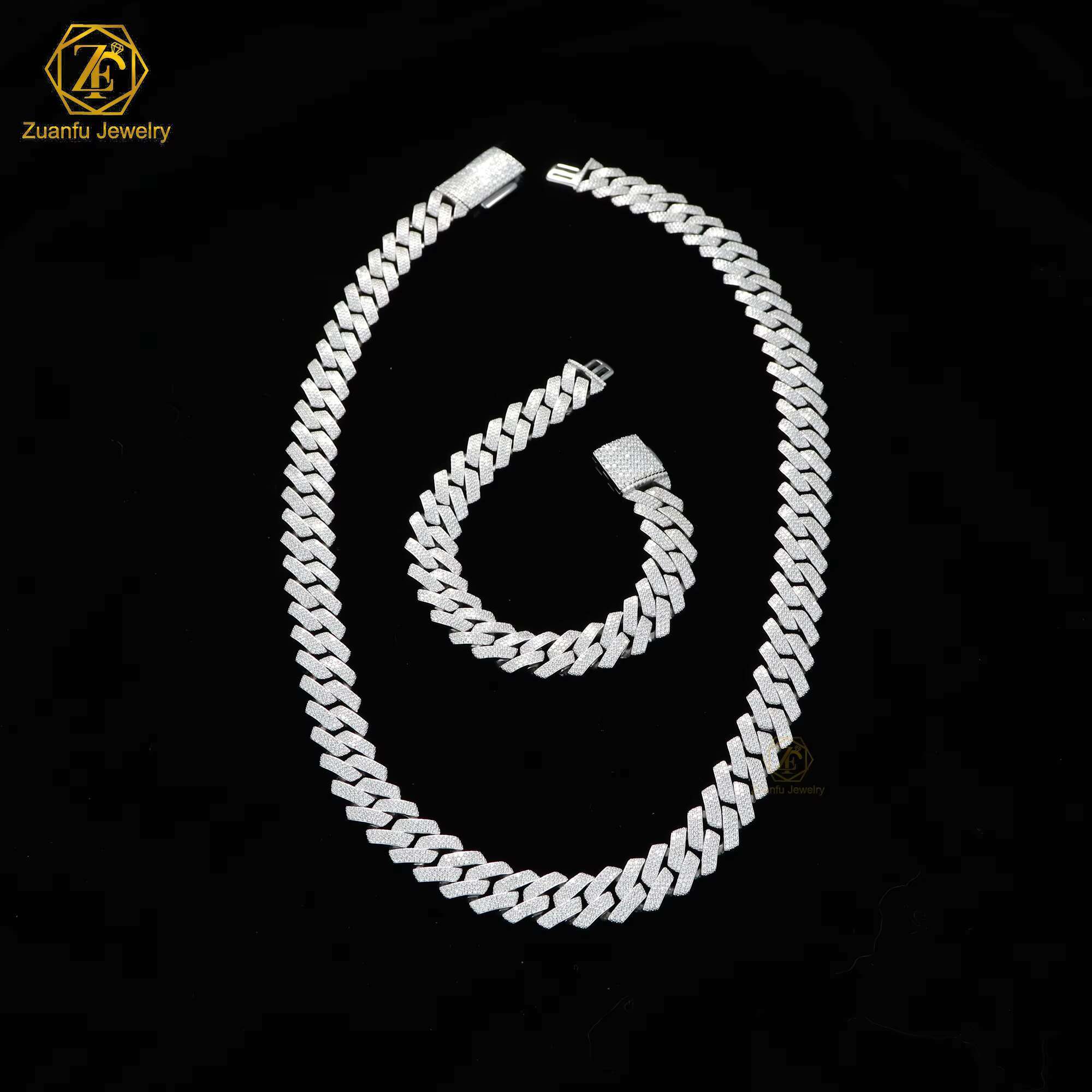High Quality Moissanite Cuban Chain 15mm 3 Rows Pass Diamond Tester Ice Out Cuban Bracelet 925 Silver Moissanite Cuban Necklace