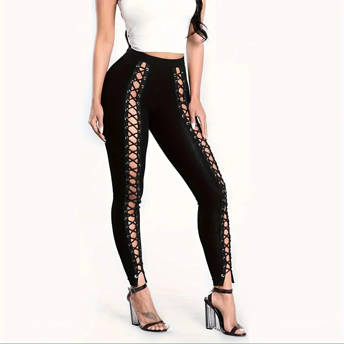 womens patchwork ninepoint pants front corns lacing leggings with straps wearing small legs sexy tight black 250612
