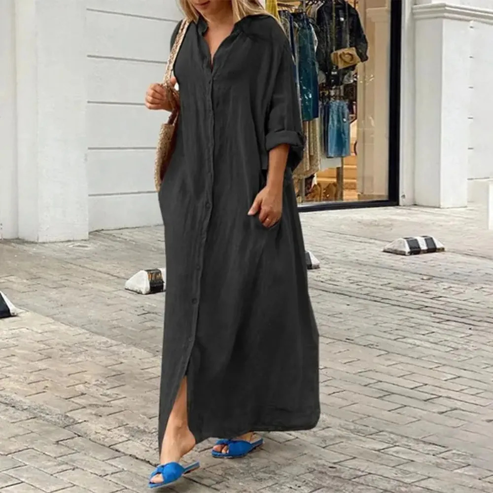 Womens L5XL Plus Size Oversized Summer Casual Loose Pocket Flip Collar Long Dress Solid Color Button Oversized 250611