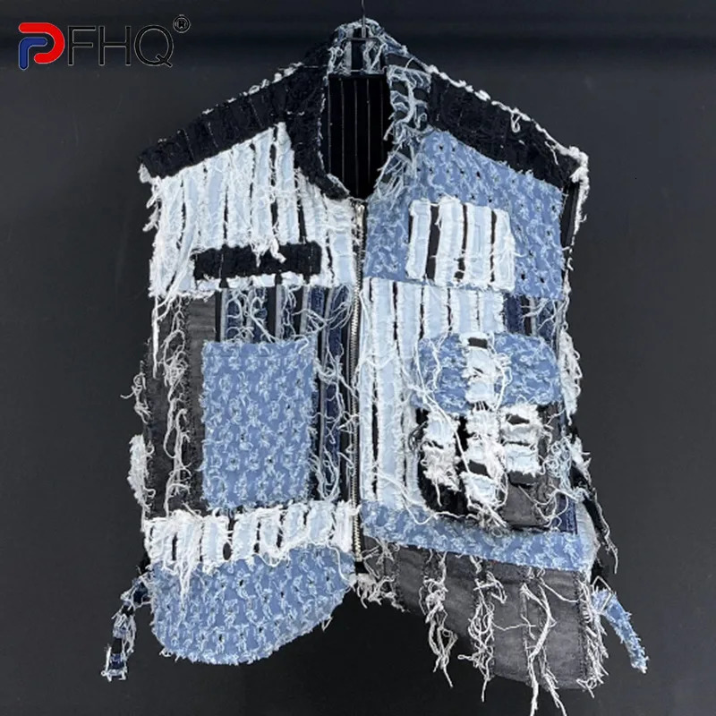 PFHQ Summer Mens Worn Out Denim Vest High Quality Patchwork Techwear Creativity Contrast Color Motorcycle Waistcoat 21Z1136 250614