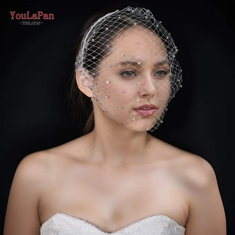 YouLaPan VA06-I White Headband Veil for Bridal Crystal Birdcage Black Face Net Mask Short Veil Fascinator Elegant Charming Veil 250603