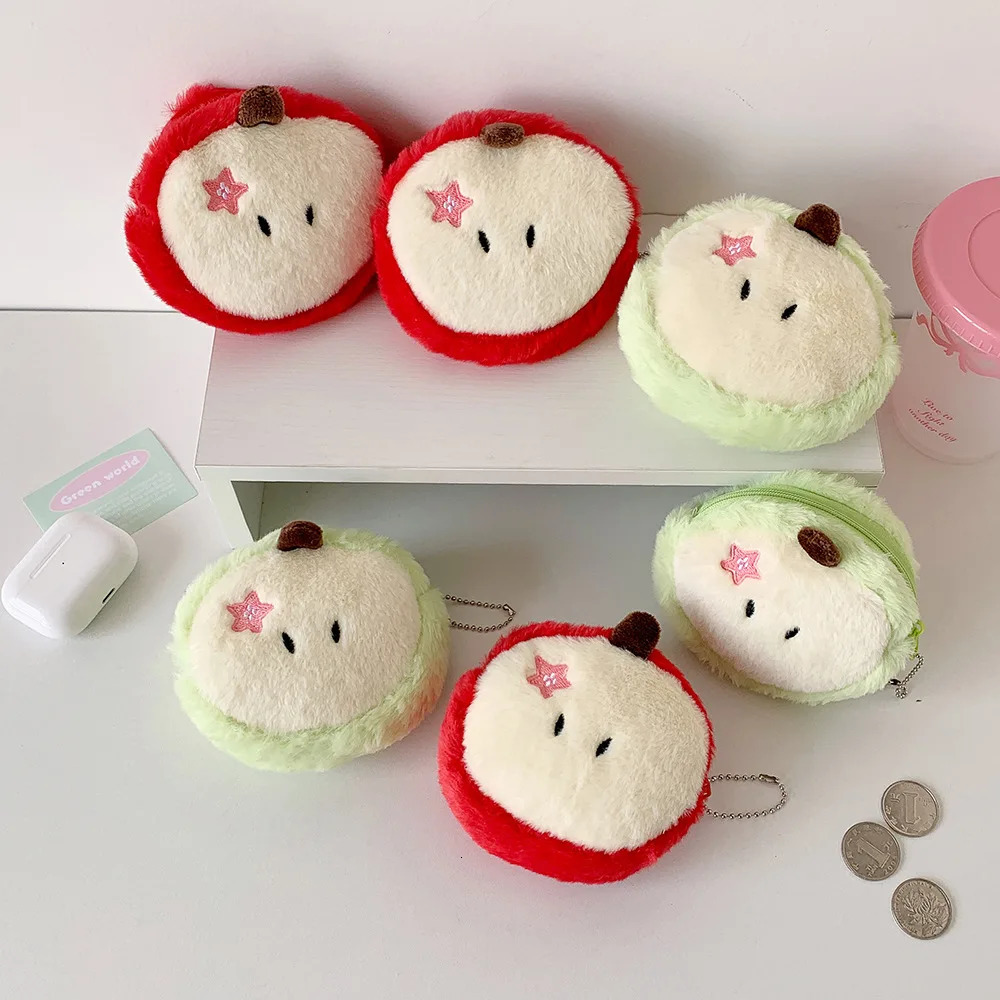 Ins Style Kawaii Mini Coin Purses Cartoon Cute Apple Plush Coin Purse Pendant Earphone Bag Girl Lipstick Portable Storage Bag 250614