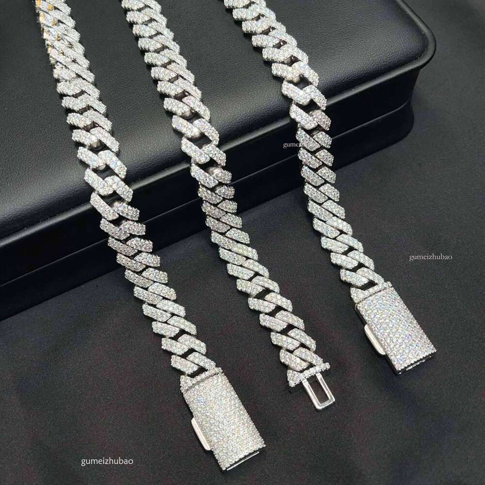 12 mm Hip Hop Rapper Jewelry 2 Rows Iced Out High Quality Miami Cuban Link Chain Vvs Moissanite Sier for Men Necklace