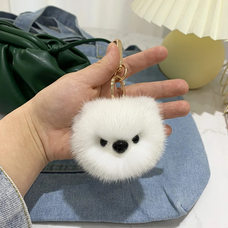 Cute Real Mink Fur Plush Pomeranian Dog Doll Key Rings Funny Anime Car Keychain Handmade Cartoon Clown Keyring Pendant Toys 250610