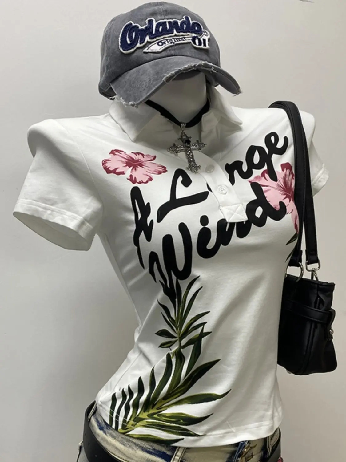 American Sweetwear Vintage Petal Printed Polo Shirts Short sleeved T-shirt for Womens 2025 Summer Harajuku Ladies Y2k Tops 250609