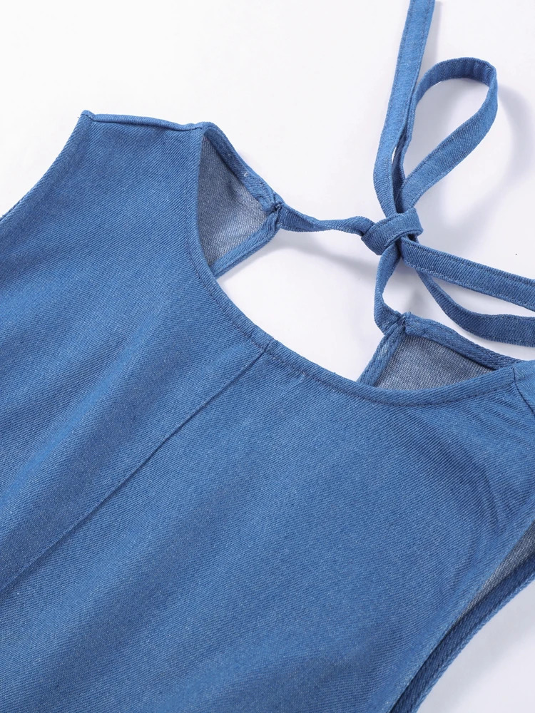Chic Backless Pleated Female Denim Midi Dress Fashion Sleeveless Dresses for Women Summer Vintage High Waist Lady Long Vestidos 250613