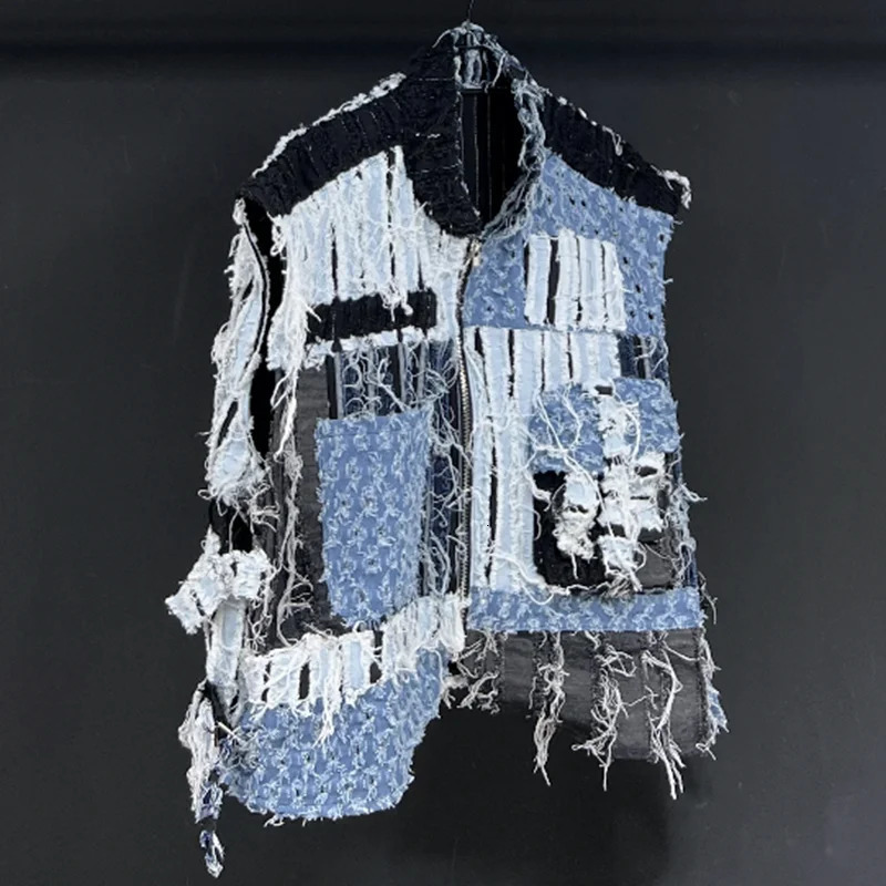 PFHQ Summer Mens Worn Out Denim Vest High Quality Patchwork Techwear Creativity Contrast Color Motorcycle Waistcoat 21Z1136 250614