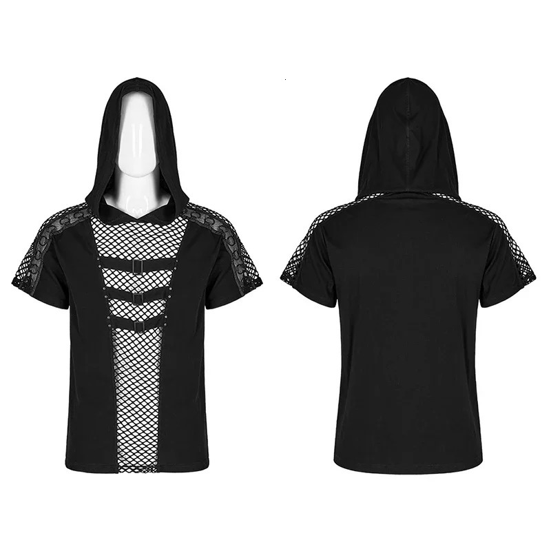 PUNK RAVE Mens Punk Elastic Knitted Charm Mesh Cutouts Sexy Hooded T-shirt Personality Hollow Casual Black Tops Tees Summer 250614