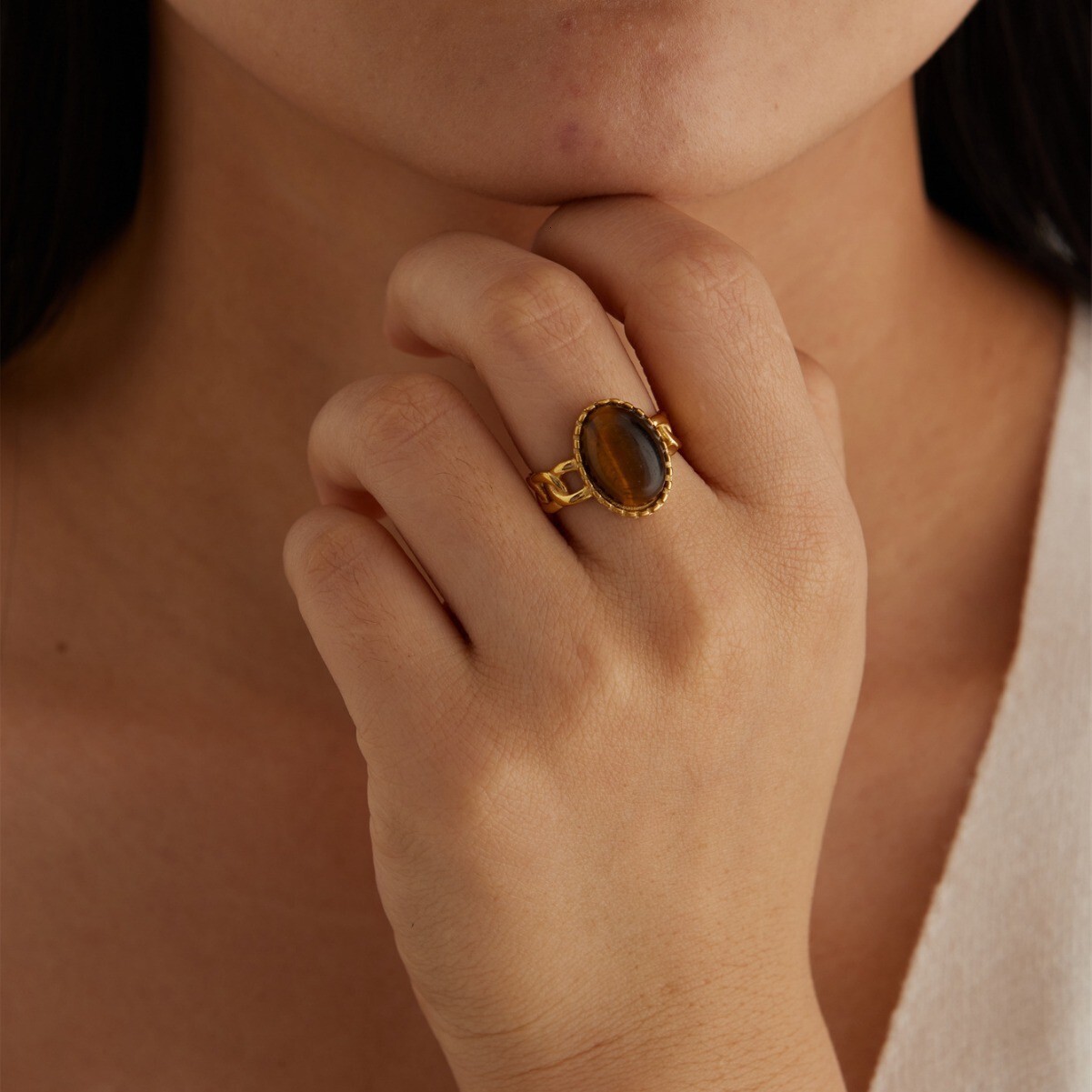 Fashion Light Luxury Personality Versatile Tiger Eye Stone Open for Women Titanium Steel Design Finger Ring Jewelry