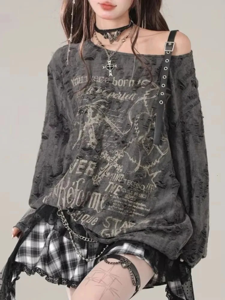 Y2k Gothic Grunge Dark Hollow Out T Shirt Women Harajuku Hollow Out Off Shoulder Sexy Tees Autumn Punk Letter Print Tops 250614