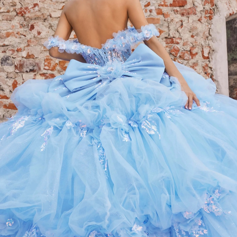 Sky Blue Shiny Quinceanera Dresses Ball Gown Off The Shoulder Sequin Applique Lace Beading Crystal Bow Tull Sweet 16 Dress Vestidos 15 De Anos