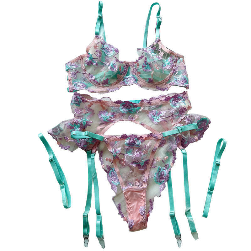 Spell Lingerie Porn Suits Mulan Thin Heavy Embroidery Patchwork Lace Garter Belt Bra Sexy Lingerie Set Sexy Lingerie