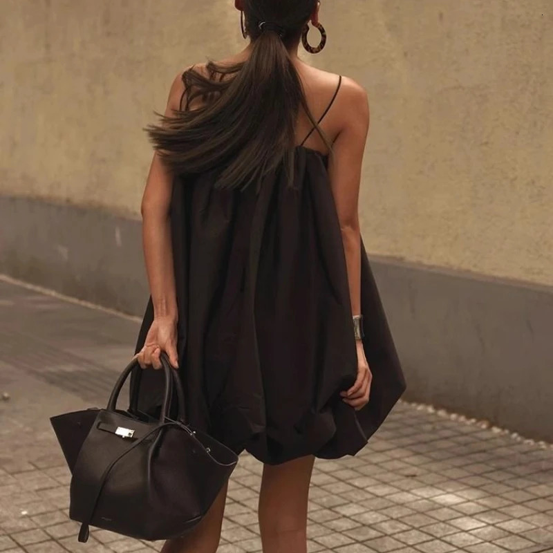 Summer French Elegant Black Loose Sling Womens Dress 250613