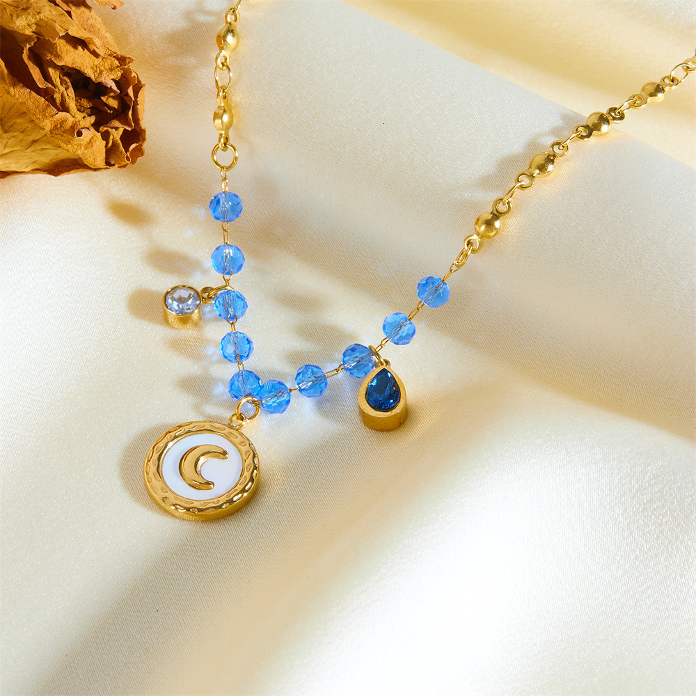 Fashion Light Personality Encrusted Geometric Mother-of-Pearl Moon Bead for Women Titanium Steel Necklace