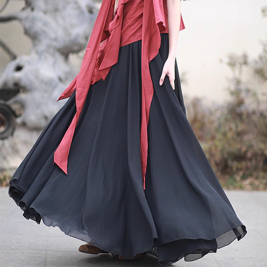 X120 New Summer Cool Wind Ultra-Large Swing Skirt Literary Style Three-Layer Chiffon Ultra-Long Tall Skirt