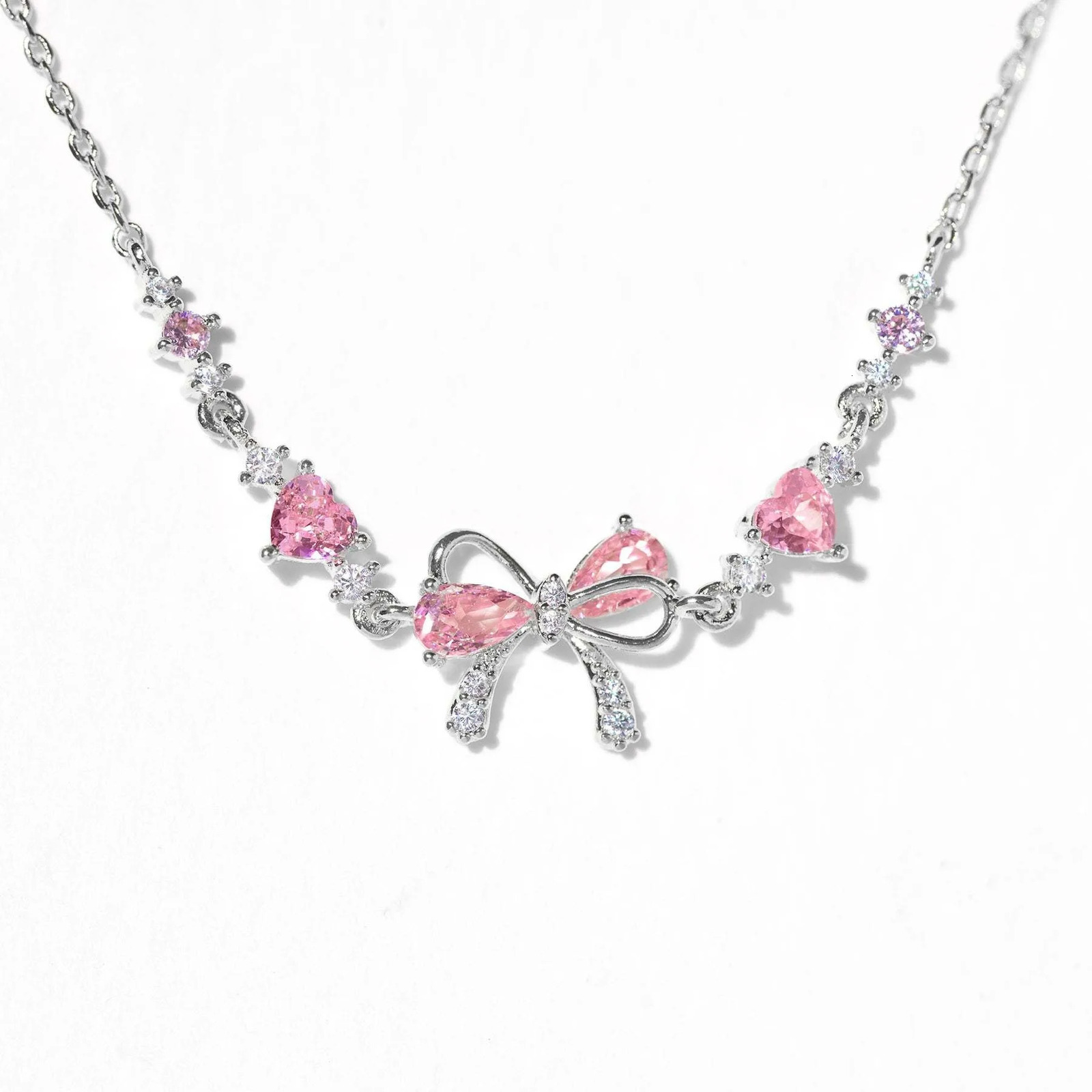Y2K Exquisite Sweet Pink Zircon Bowknot Stainless Steel Love Heart Chain Bracelet for Women Girls Party Birthday Jewelry Gifts 250610