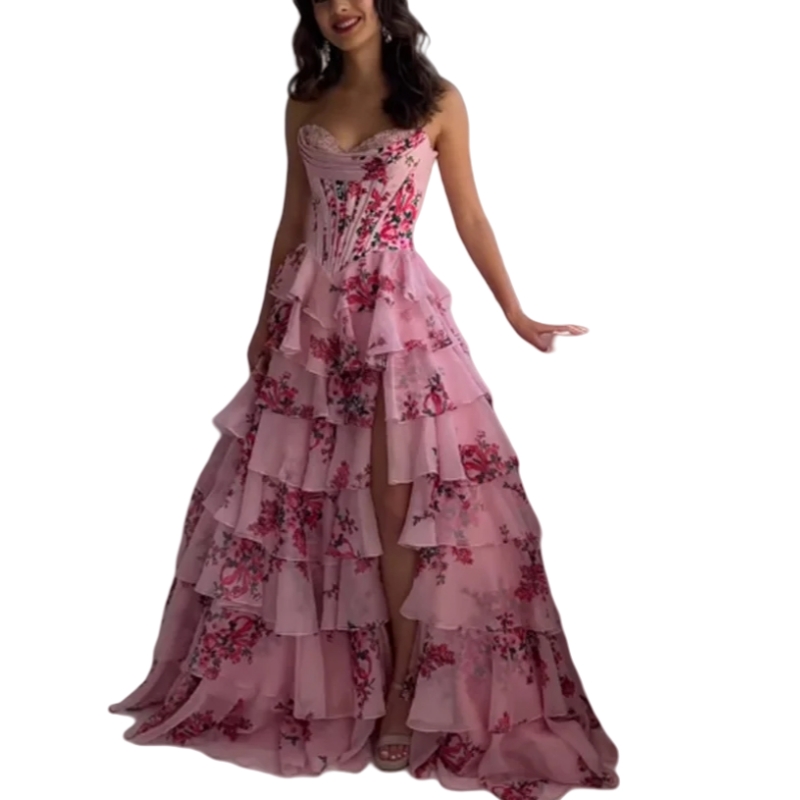 Elegant Pink Floral Tiered Ruffle Prom Dresses Side Slit Strapless A-Line Tiered Long Evening Gown Lace Appliques Sweetheart Neckline Corset Special O