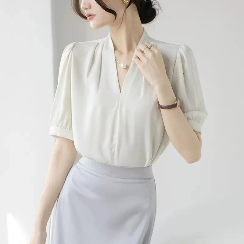 Fashion Summer Short Sleeve VNeck Women Blouse White Shirt Tops Blouses Shirts Womens Camisas P856 250614