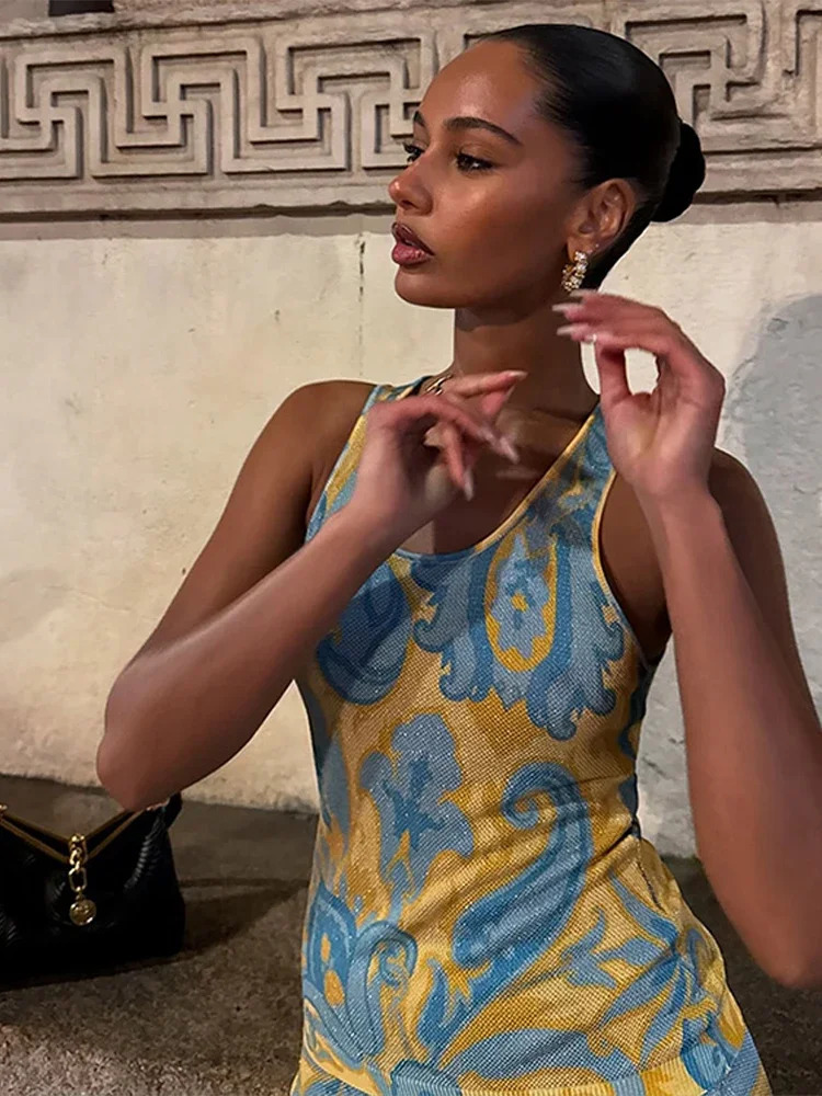 Fashion Tassels Print Long Dress For Women Oneck Sleeveless Patchwork Irregular Slip Dresses Summer Female Beach Dresses 250611