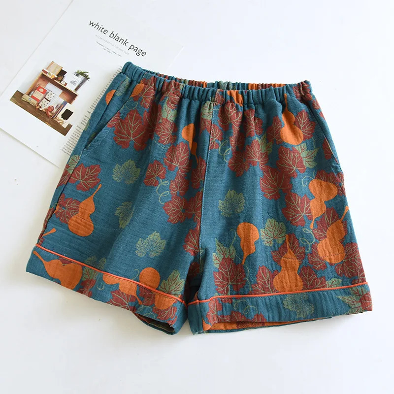 Japanese Summer Womens Shorts 100% Cotton Vintage Yarn Weaving Printed Sleepwear Thin Loose Pocket Home Pants 250611