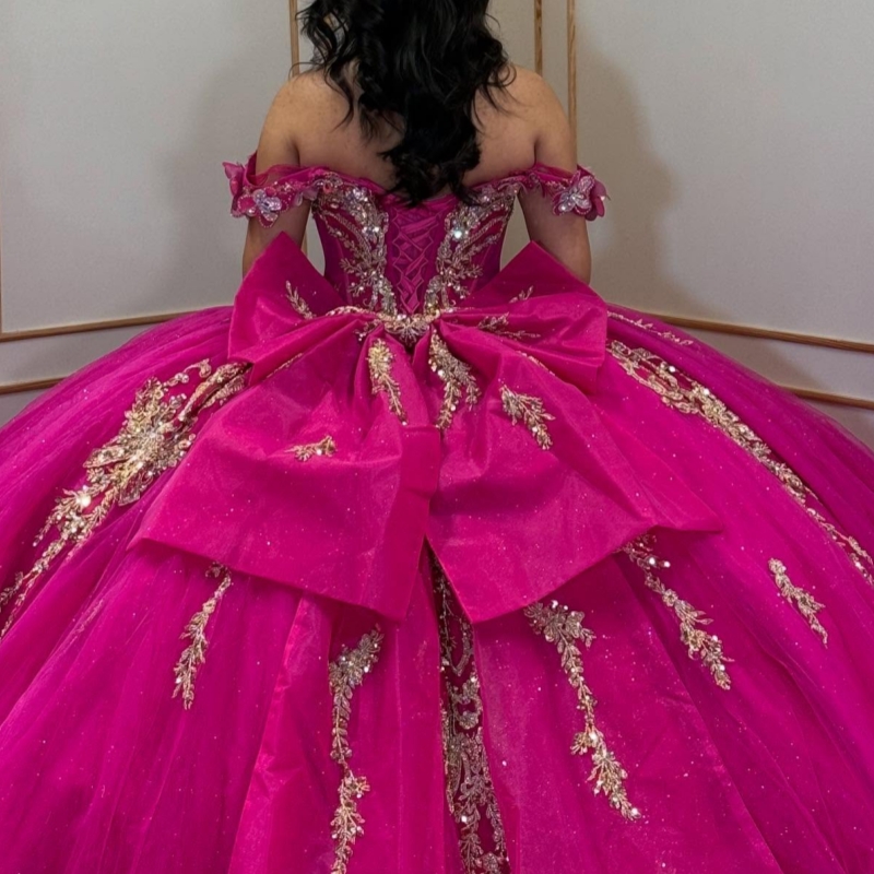 Rose Red Quinceanera Dresses Ball Gown Off The Shoulder Applique Lace Beading Crystal Bow Tull Sweet 16 Dress Vestidos 15 De Anos
