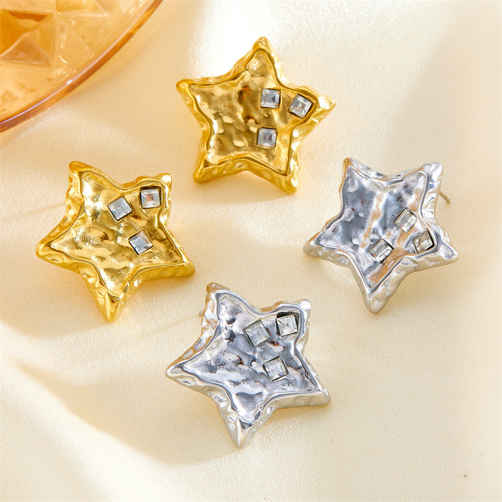 Fashion Light Style Personality Exaggerated Dia-Studded Pentagram Star Earrings for Women Titanium Steel Non-Fading Ear Jewelry