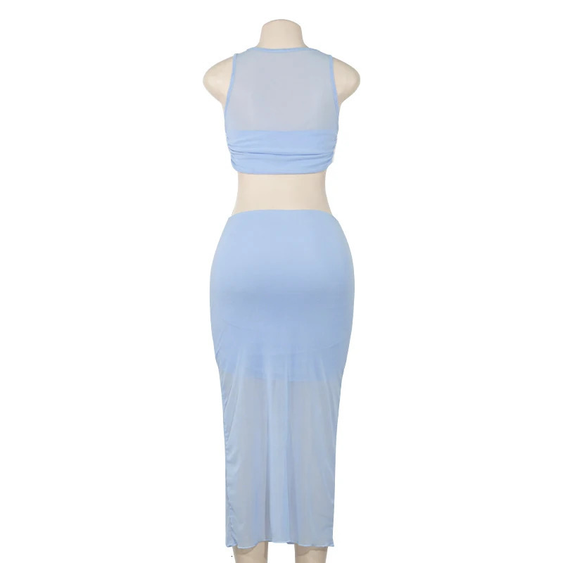 2024 Summer Solid Color Sleeveless Mesh Splicing Short Tank Top High Waist Long Dress Womens Set 250609