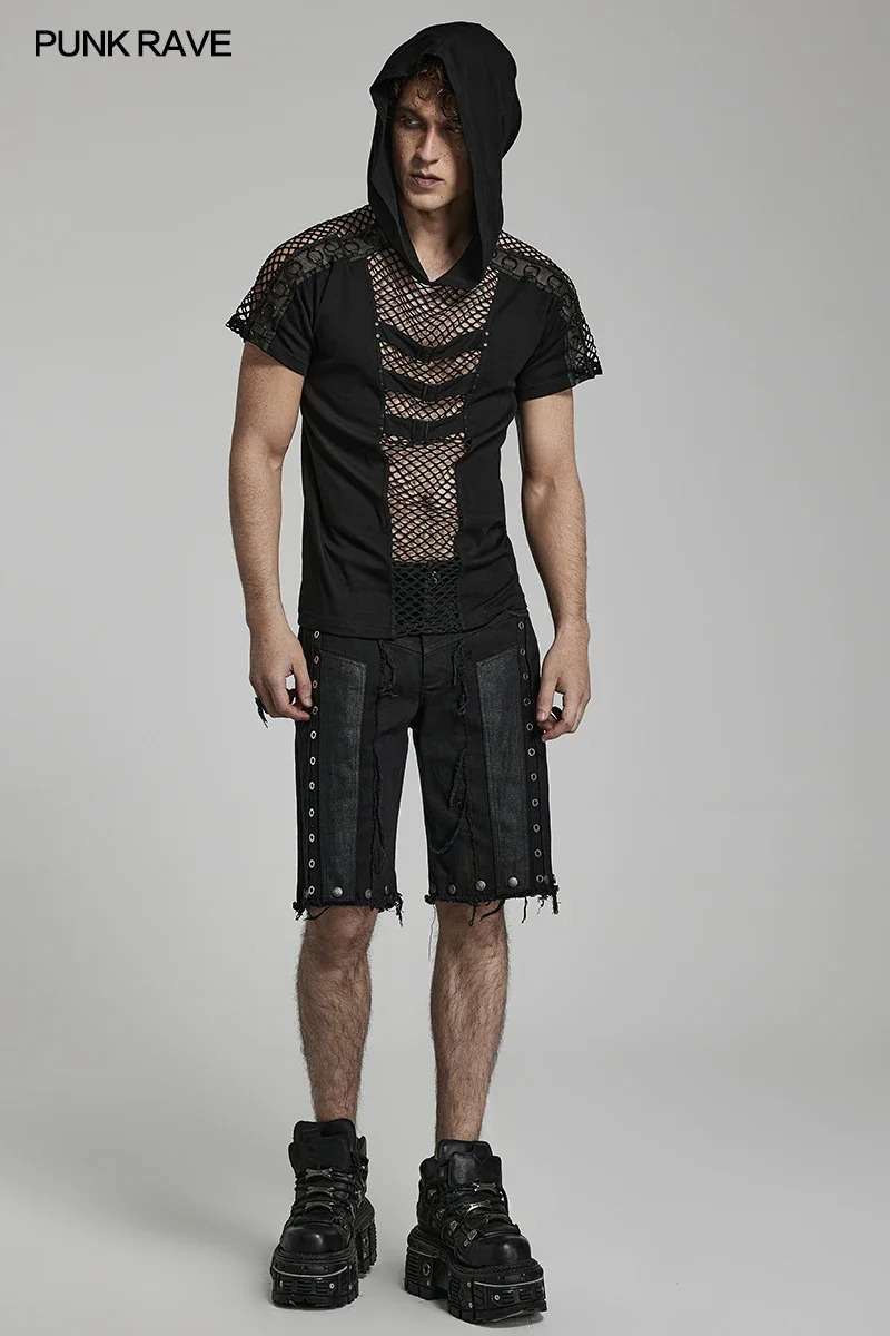 PUNK RAVE Mens Punk Elastic Knitted Charm Mesh Cutouts Sexy Hooded T-shirt Personality Hollow Casual Black Tops Tees Summer 250614