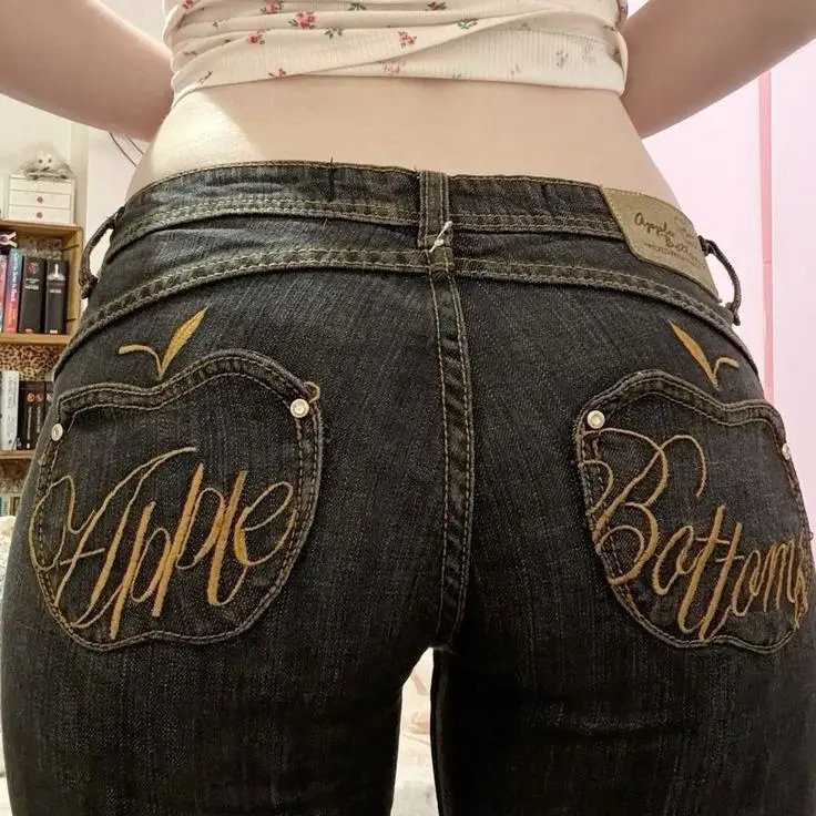 American Retro Apple Yellow Pocket y Baggy Jeans Y2K Women Goth Harajuku Slim Sexy Hip Hop High Waist Denim Pants 250612