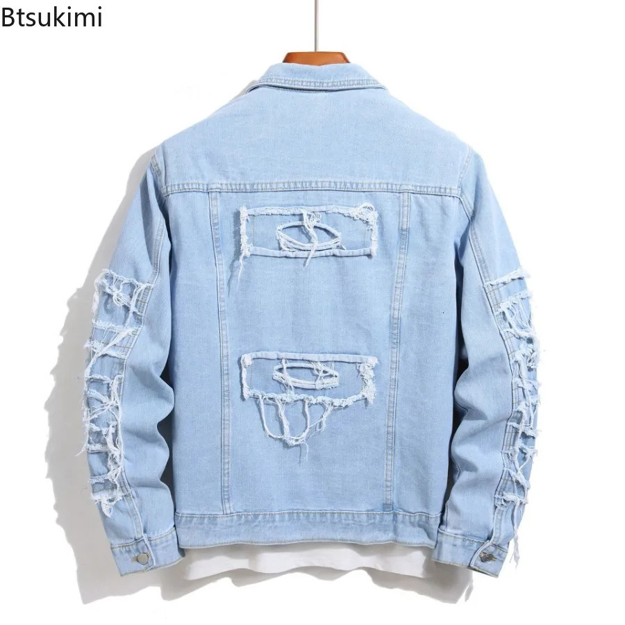 Mens Distressed Stacked Splicing Denim Jackets Trend Streetwear Loose Casual Holes Ripped Jean Coats Men Clothing Tops 250614
