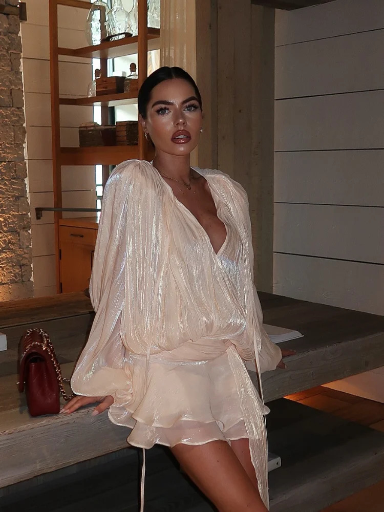 Elegant Solid Blouse Mini Dresses For Women V Neck Long Sleeve Spliced Lace Up Sweet Style Dress Street Party Dresses 250611