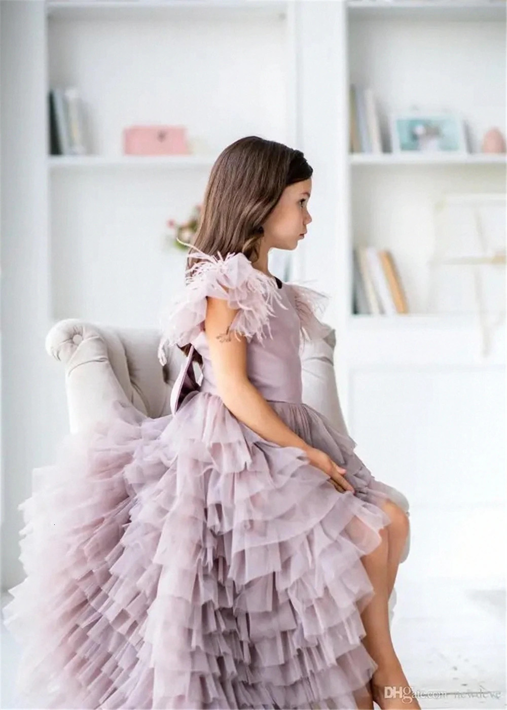 Kids Surprise Birthday Present Lovely Tulle Lace Printed Feather Flower Girl Dress Princess Ball First Communion Dresses 250614