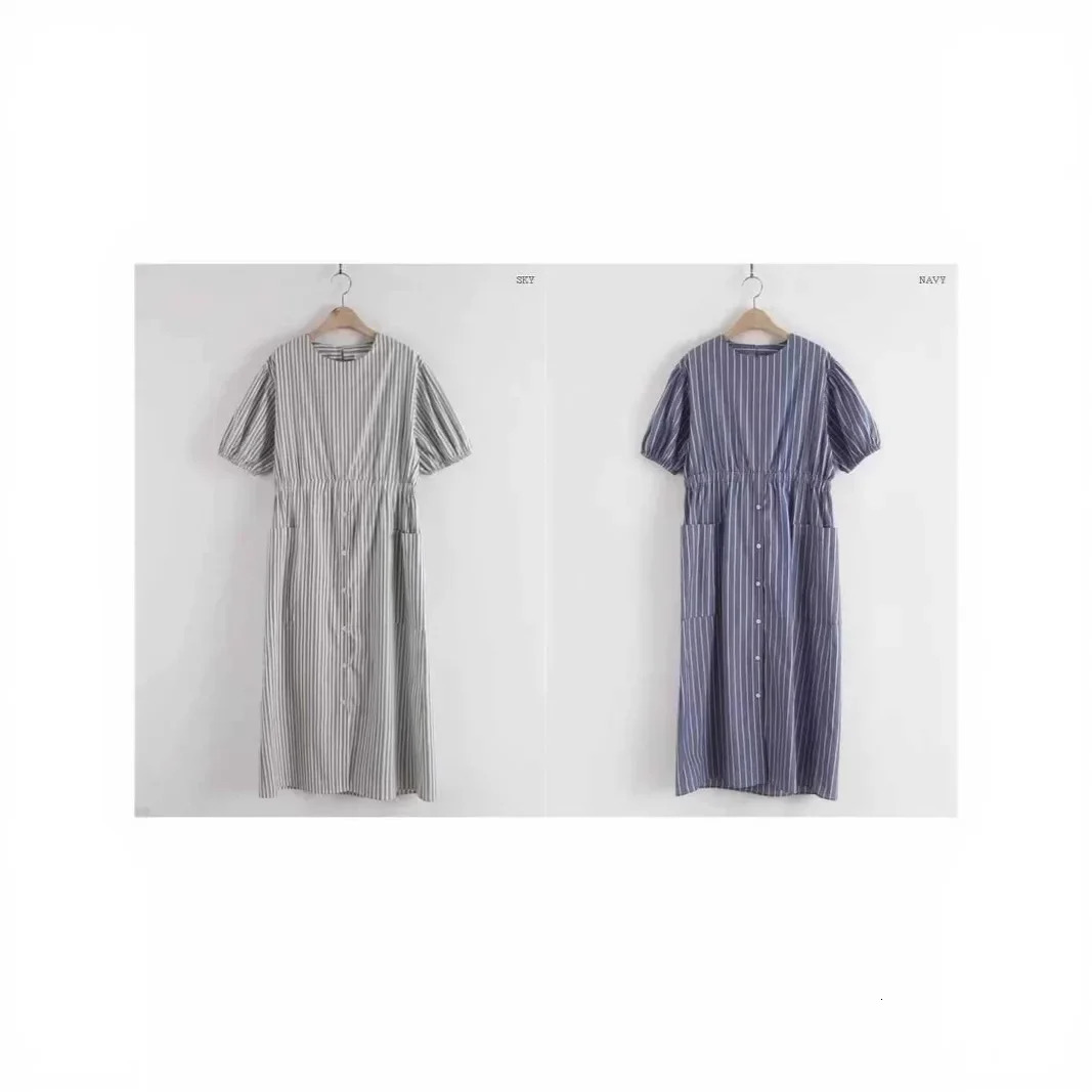 Casual Korean Style Striped Short Sleeve Loose Dress Summer Fashion Womens Ankle-length Dress Empire Waist Bubble Sleeve 250613