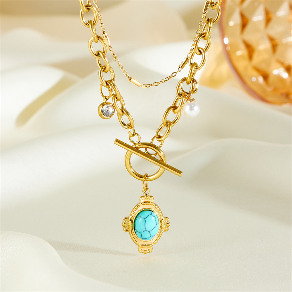 Fashion Style Personality Exaggerated Buckle Inlaid Pearl Turquoise Necklace for Women Titanium Steel Non-Fading Jewelry