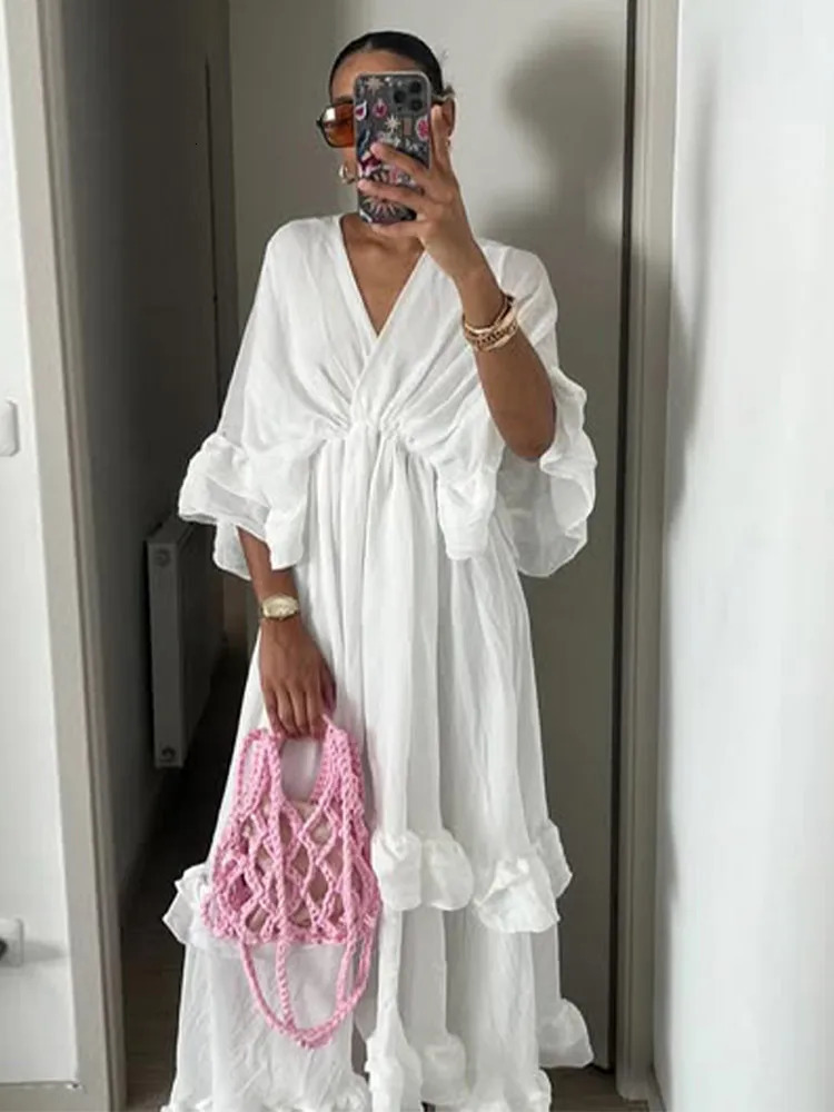 Solid Patchwork Ruffle Hem Loose Dress Chic V-neck Half Sleeve High Waist Long Dresses Female Summer Daily Commute Gowns 250613
