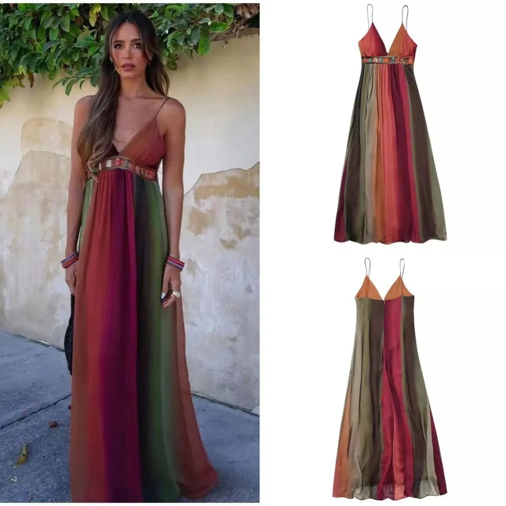 Deep V Neck Dresses for Women Sexy High Waisted Y2k Lady Elegant Party Printed Pleated Sleeveless Vacation Robes 250611