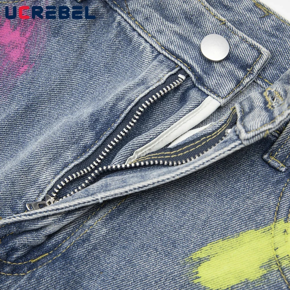 Painted Spliced Denim Pants Mens Summer High Street Loose Washed Distressed Jeans Men Trousers 250614