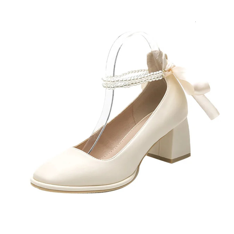 er Ladies High Heels Elegant Bow Square Toe Black High Heels Fashion Thick Heel Wedding Party Pearl Lace Wedding Shoes 250614