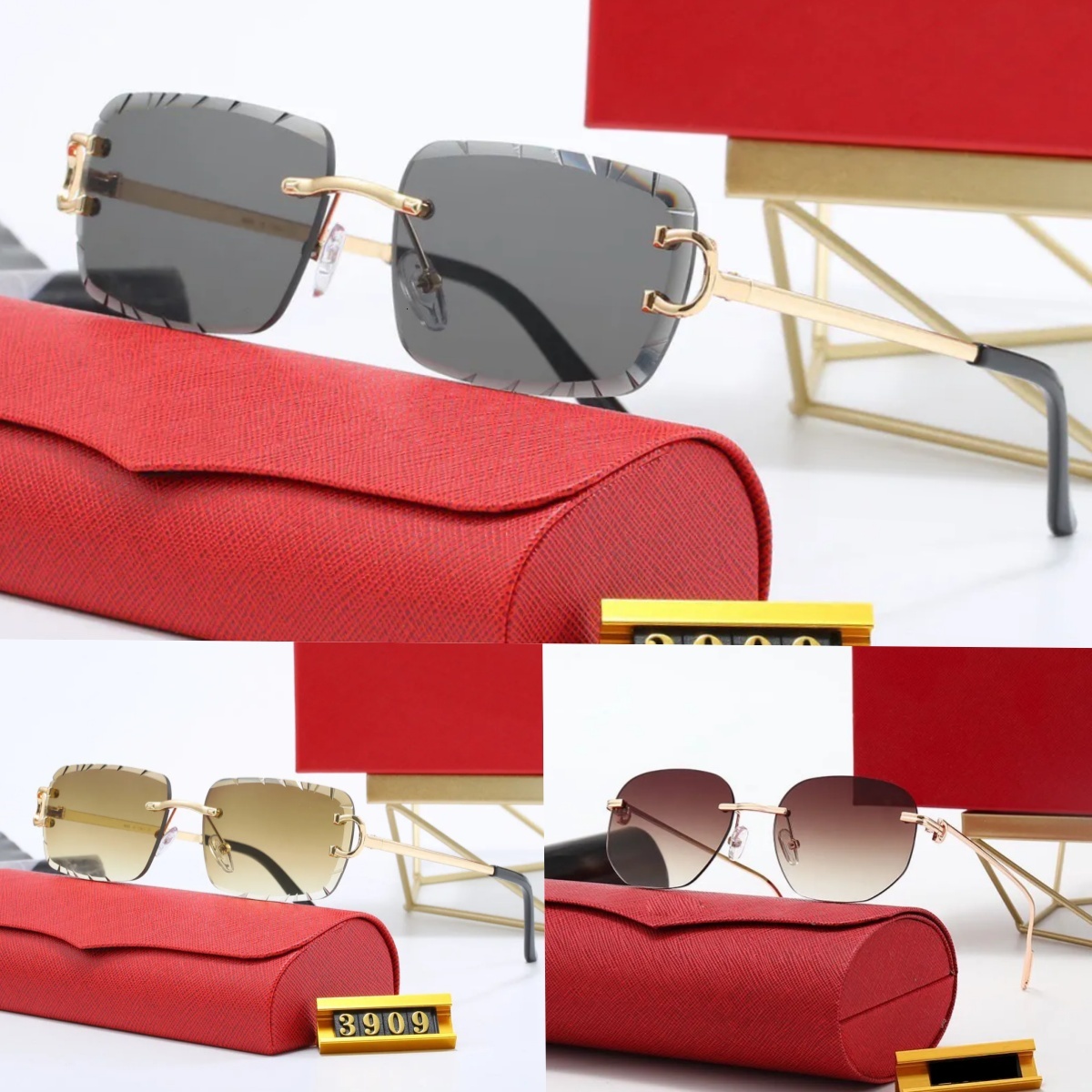 Designer Sunglasses Sports Mens Women Gold and Sier Frameless Metal Round Oval Optical Frame Black Grey Blue Transparent Lens Sun Eyewear Fashion Glasses with box