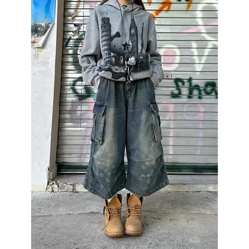 ZHIZOU Womens Summer Vintage High Waist Blue Retro Washed Denim Shorts Fashion Casual Loose Fit Y2K Streetwear Mid Long Short 250609