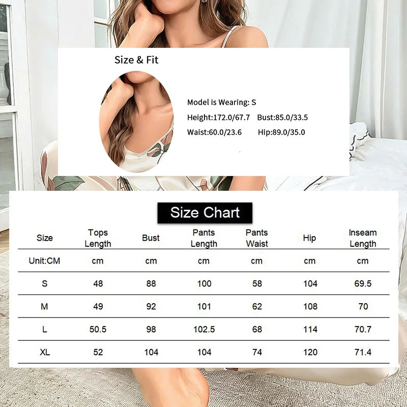 Womens Elegant Leaf Print Satin Pajama Set V Neck Cami Top and Elastic Pants for Comfortable Sleep Lounging Sleepwear 250611