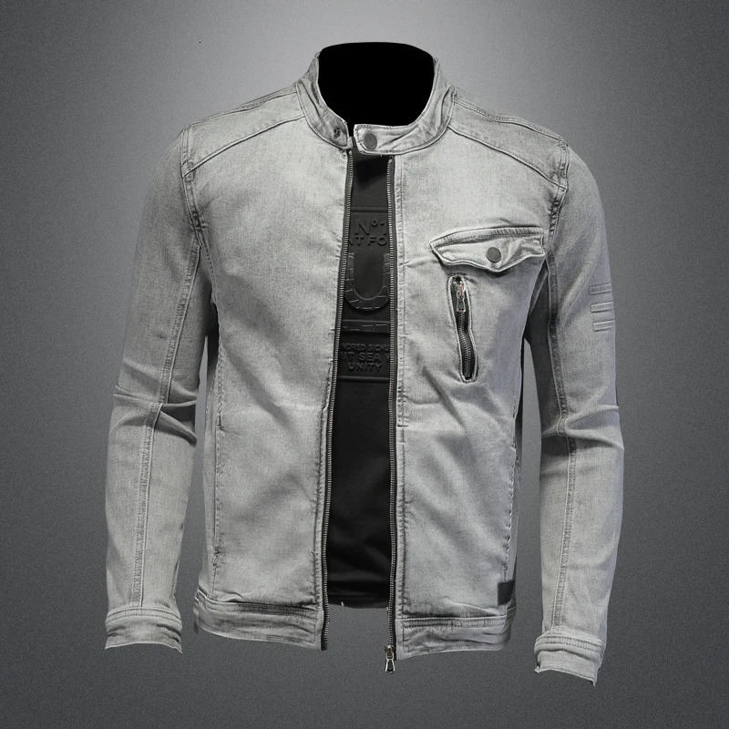Men Moto Biker Streetwear Denim Jackets Vintage Gray Bomber Jacket Outerwear Male Casual Cotton Stand Collar Coats 250614