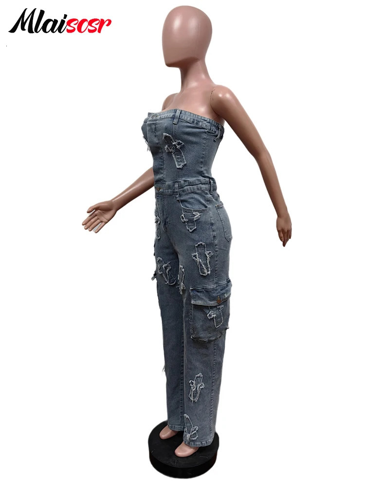 Mlaiscsr Cross y Pockets Stretch Denim Jumpsuits Women Sleeveless Off Shoulder Boyfriend Rompsers Blue Cargo Overalls 250612